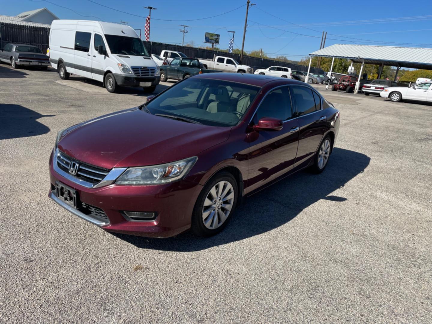 2013 Red Honda Accord EX-L V6 Sedan AT (1HGCR3F84DA) with an 3.5L V6 SOHC 24V engine, 6-Speed Automatic transmission, located at 1687 Business 35 S, New Braunfels, TX, 78130, (830) 625-7159, 29.655487, -98.051491 - Photo#0