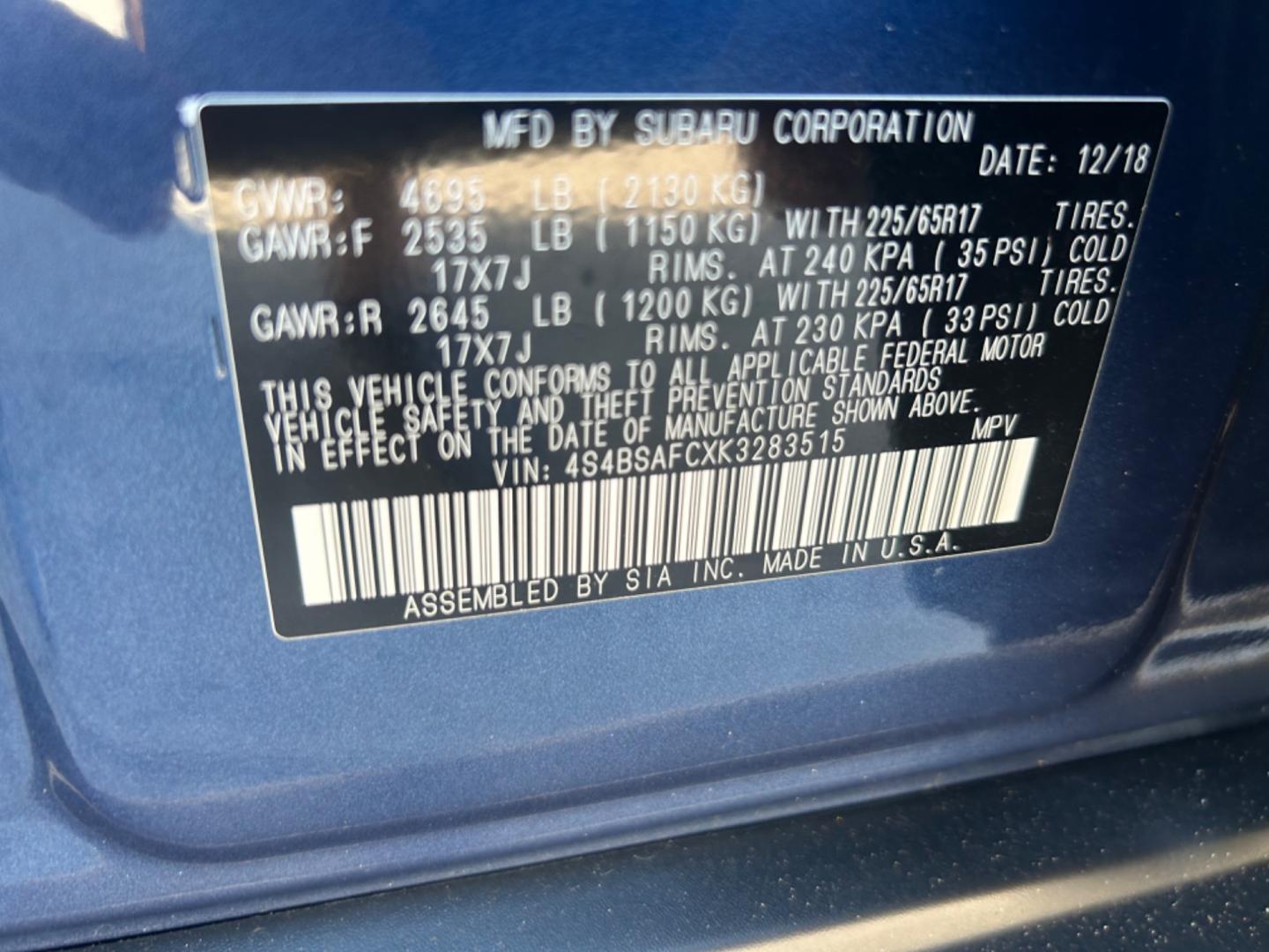 2019 Blue Subaru Outback (4S4BSAFCXK3) , located at 1687 Business 35 S, New Braunfels, TX, 78130, (830) 625-7159, 29.655487, -98.051491 - Photo#13